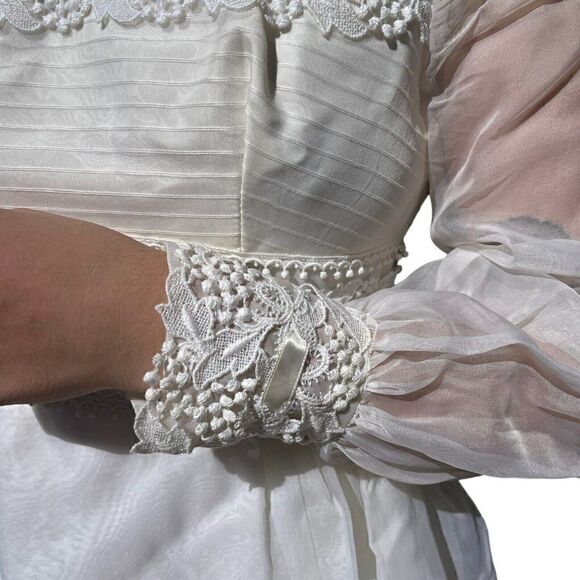 Vintage 1970s White Long Sleeve Lace Boho Prairie Hippy Maxi Wedding Dress Sz XS - Picture 6 of 10